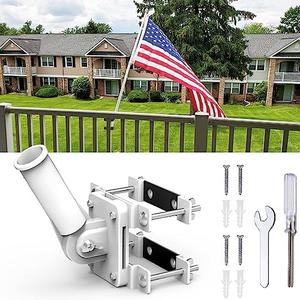YAARHEJ No Drill Flag Pole Holder for Railing,Flag Pole Mount for Porch & Fence Rail, Apartment Balcony,Square Railing-Two Installation Methods-with Silicone Pads,for 1” flagpole (White)