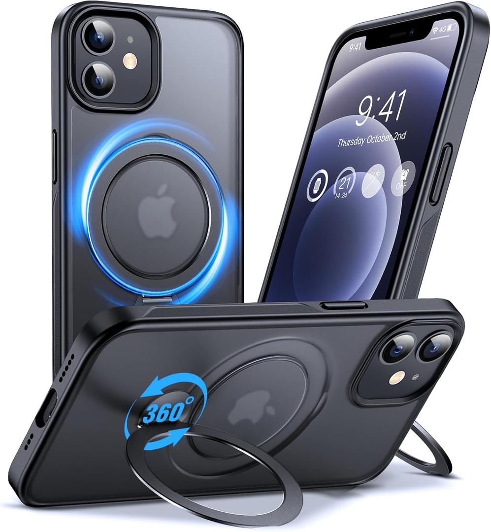 Anqrp 360 All-in-ONE Stand Case for iPhone 12/12 Pro Case with Rotatable Magnetic Kickstand Ring Holder, Compatible with MagSafe, MIL-Grade Shockproof iPhone 12/12 Pro Phone Cover, Black