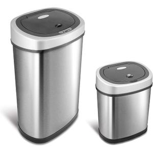 Ninestars 2-Piece Automatic Trash Can Combo Set, 13.2 Gal (50L) & 3 Gal (12L) Touchless Motion Sensor Garbage Cans, Matching Oval Stainless Steel, Black Lid