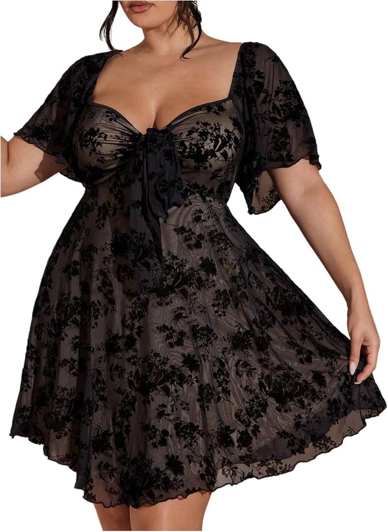 BEAUDRM Women's Plus Size Floral Ruffle Short Dress Mesh Tie Front Short Sleeve Sweetheart Neck A Line Flowy Dresses,XXL plus
