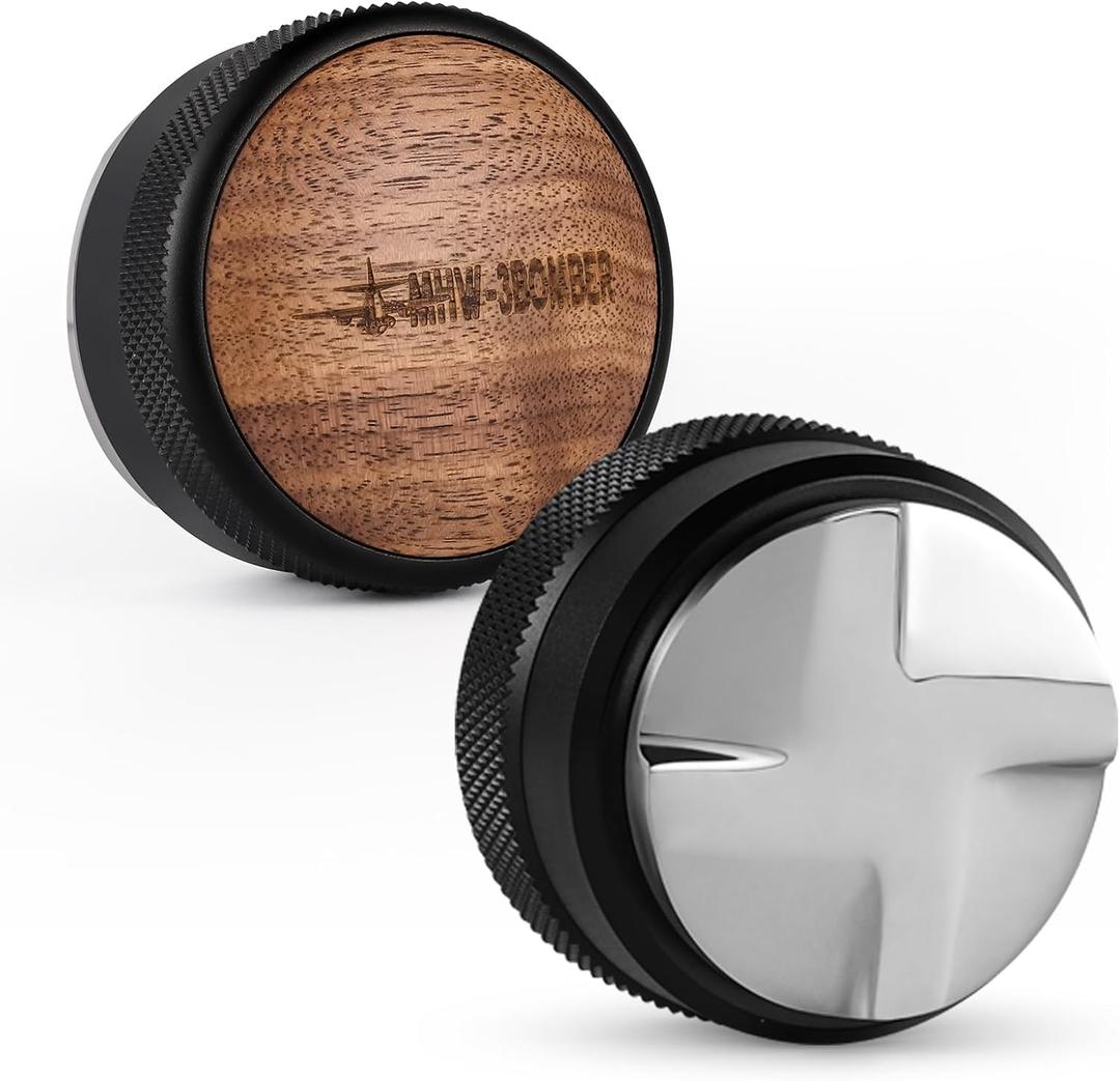 MHW-3BOMBER Espresso Coffee Distributor 53.35mm, Espresso Distribution Tool with Wooden Lid, Adjustable Height Coffee Leveler with Non-slip for 54mm Portafilters, Espresso Accessories T6091L4