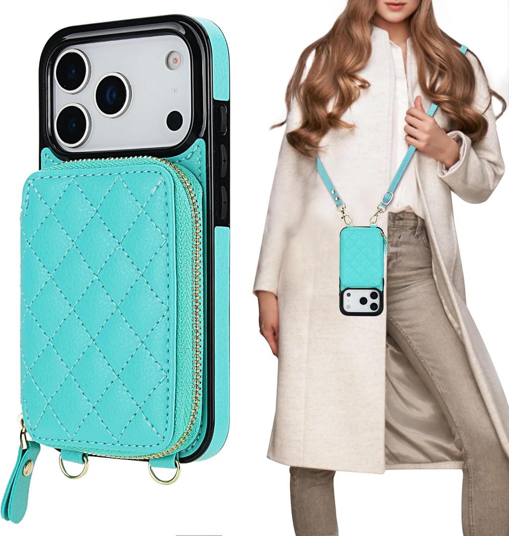 Bocasal Crossbody Wallet Case for iPhone 17 Pro, RFID Blocking PU Leather Zipper Handbag Purse Flip Cover, Kickstand Folio Case with Card Slots Holder Wrist Strap Lanyard 5G 6.3 Inch (Mint Gree)