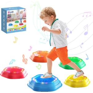 Holyton Music Light Up Stepping Stones for Kids, 5-Pack Sensory Balance Stones, Non-Slip Toddler Stepping Toys for Ages 3-8, Ideal for Sensory Training & Great Gift for Indoor & Outdoor Play (original color)