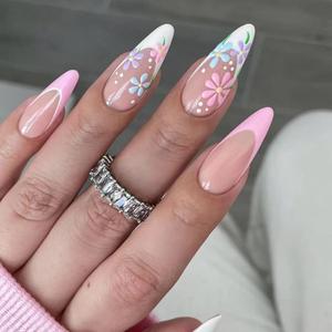 2 x MERVF Almond Press on Nails Medium Fake Nail White French Tip Glue ons Nails Flower Design Cute Stiletto Acrylic Supplies DIY Manicure Glossy 24pcs
