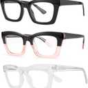 bullabulling 3 pack Oprah style Spring hinge Readers Blue Light Blocking Computer Square Reading Glasses for Women Men (Black/Clear/Blackpink)