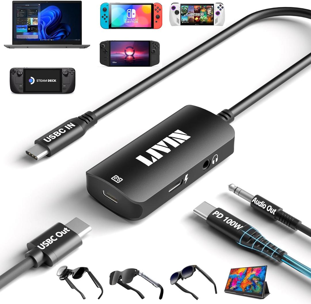 LIVIN   USB C to Portable MonitorAR Glasses XREAL OneAir 2 Pro/VITURE Pro/RayNeo Air 2s/Rokid,4K@60Hz+PD 100W,USB C to Type C Adapter iPhone15/16AndroidPCSwitchSteam Deck (USB C male to USB C female)