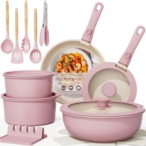 Astercook 21 Pcs Pots and Pans Non Stick Ceramic Cookware Set, Detachable Handles, RV Kitchen Cooking Set, Oven Safe, Induction Ready, Stackable, Pink