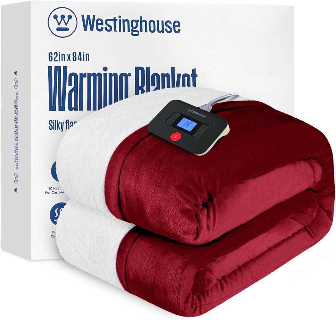 Westinghouse Electric Blanket Twin, Heated Blanket Twin Size with 10 Heating Levels and 1 to 12 Hours Heating Time Settings, Flannel to Sherpa Reversible, Machine Washable (62" x 84", Red)