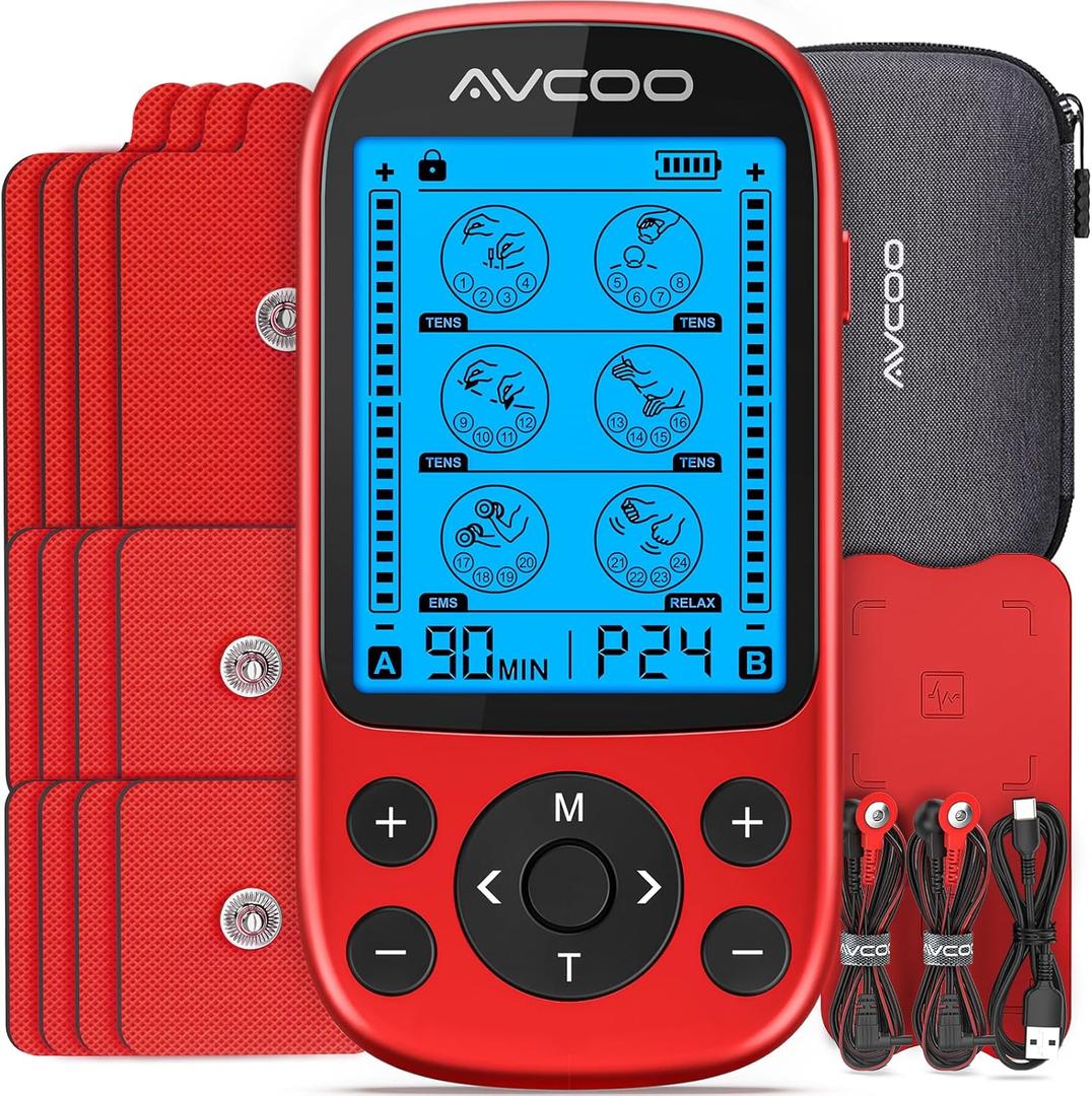 AVCOO 3-in-1 TENS Unit Muscle Stimulator, EMS Massager Machine with 24 Modes & 40 Levels for Shoulder, Back, Neck, Sciatica Pain Relief, Portable-Size Electronic Pulse Massager with 12 Pads, EVA Case