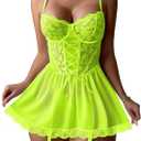 Lilosy Sexy Garter Belt Mesh Lace Babydoll Lingerie Dress Set with Thong 3XL