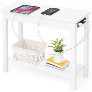 Narrow Side Table with Charging Station - Small End Table with 2 USB Ports, 2 Power Outlets, and Storage Shelf - Slim Nightstand for Living Room, Bedroom, or Small Spaces by Lavish Home (White), 23.62” X 11.02” X 22.05”