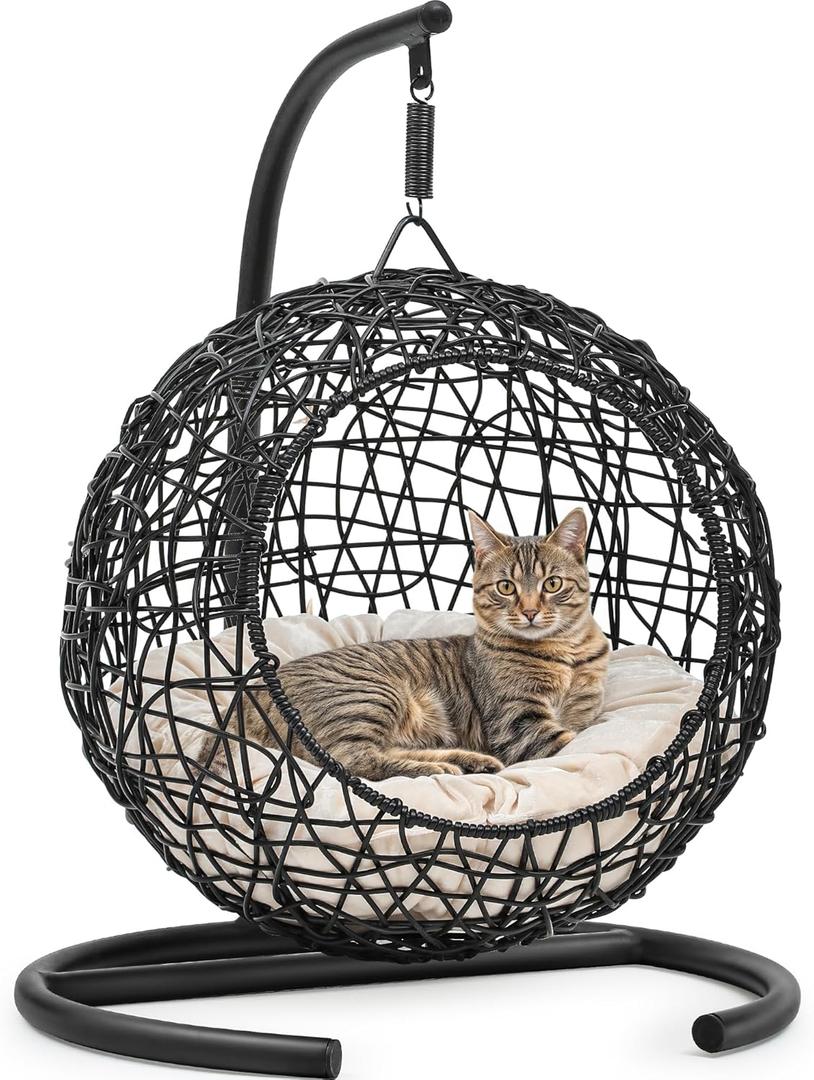 YITAHOME Cat Swing Bed with Stand & Cushion, Cat Egg Chair with Rattan Wicker Appearance, Indoor Hanging Swinging Cat Bed for Cats, Small Dogs, and Small Animals, Black