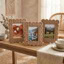 AceOrbit 3 Pcs Rattan Picture Frame 5x7 Boho Scalloped Natural Coastal Handmade Wicker Photo Frames with Woven Rope Border Glass Front Rustic Farmhouse Tabletop Wall Decor Wedding Housewarming Gift