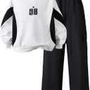 Girls' Hooded Sweatshirt and Pants Set, White and Black, Casual Jersey Outfit, 8-12 Years (White)