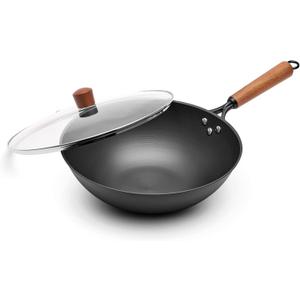 12.6" Iron Wok, Spin-Forged Refined Iron Stir Fry Pan with Wooden Handle, Flat Bottom Wok Pan with Reinforced Rim, Lightweight Woks & Stir-Fry Pans for Everyday Cooking