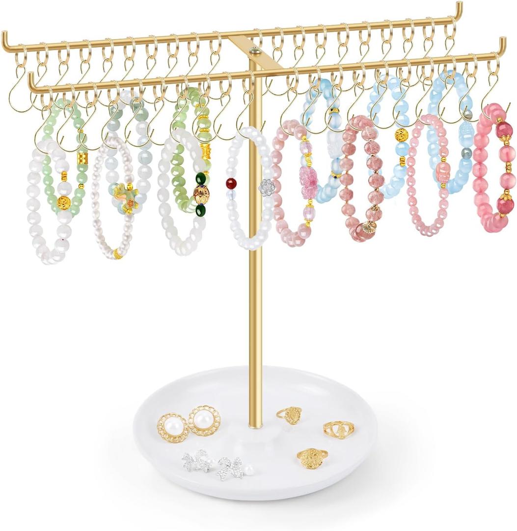 OAOLEER Bracelet Holder Organizer,2 Tier Jewelry Stands and Displays with 40 Movable Hooks Gold Bracelet Stand Jewelry Rack for Necklaces Bangles