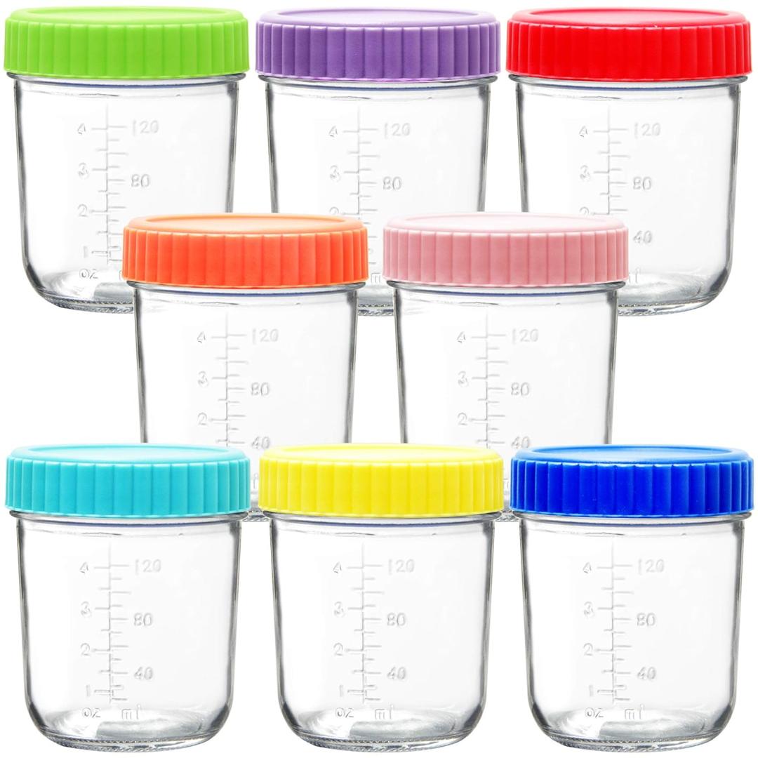 Youngever Glass Baby Food Storage, 6 Ounce Baby Food Glass Containers with Airtight Lids, Glass Jars with Lids (8 Rainbow Colors)