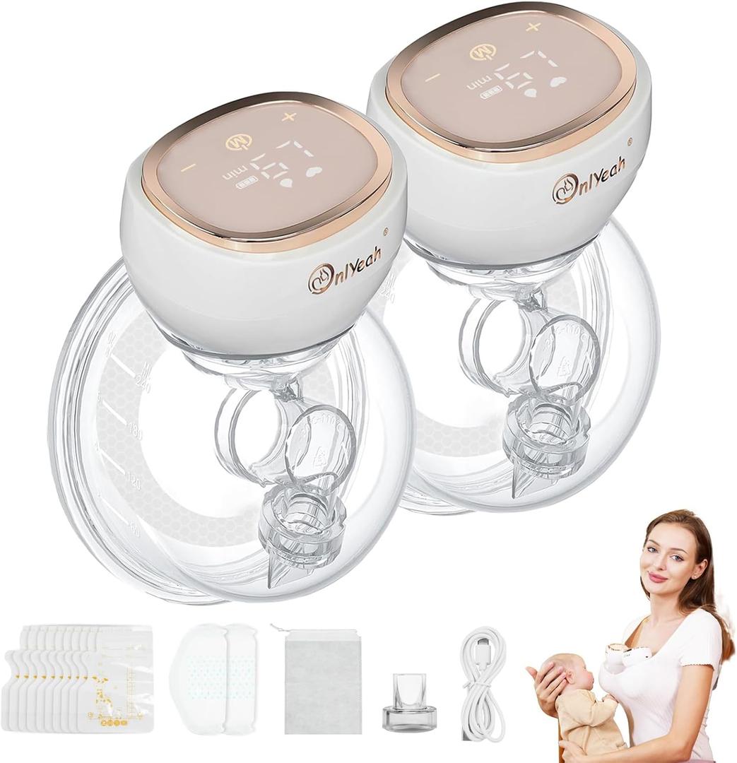Onlyeah Hands Free Breast Pump, Wearable Breast Pump Portable Breast Pump Electric Breast Pump Hands Free,3 Modes-9 Levels Painless Low Noise Touch Screen Baby Pump with 1 Pack (2)