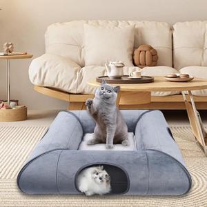 Cat Tunnel Bed, Indoor Cat Cave, Removable Cat Tunnel with Removable Soft Pad, Sturdy and Scratch Resistant, Suitable for Small and Medium Cats (Gray) Small-07