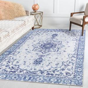 Area Rug - 8'x10' Vintage Floral Honeycomb Non Slip Backing Carpet - Blue Softer Thicker Faux Wool Rug - Lightweight Machine Washable Rugs for Living Room Bedroom Dining Room Home Office