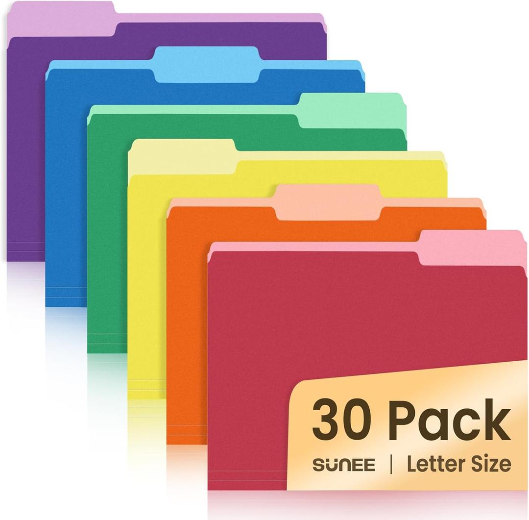 SUNEE File Folders, 30 Pack Manilla Folders 8.5 x 11, Colored File Folders Home Office School Supplies for Documents Files Paper, 6 Assorted Colors