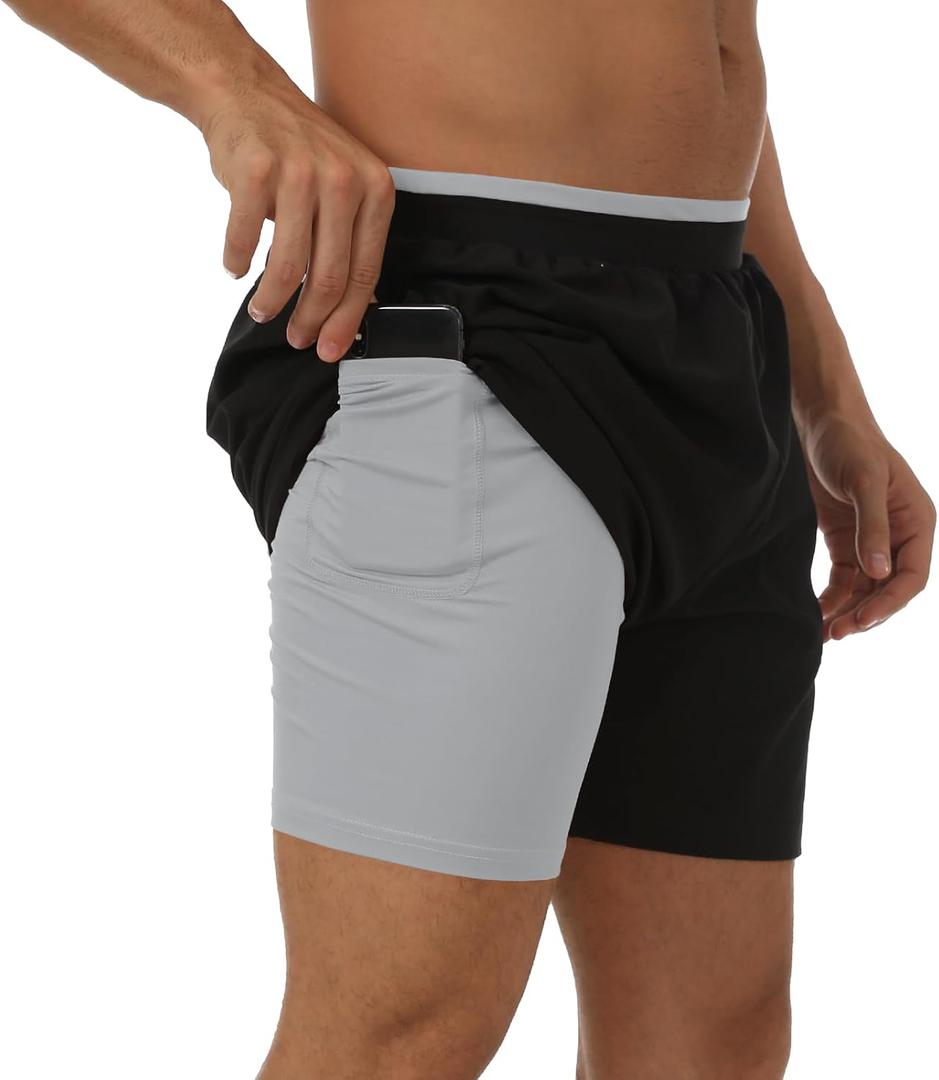Queday Mens 2 in 1 Black Running Shorts with Liner 5/7 Inch Quick Dry Gym Athletic Workout Shorts with Pockets (X-Large)