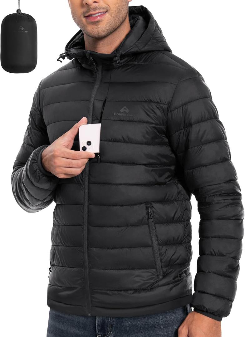Pioneer Camp Men's Lightweight Packable Puffer Jacket with Hood Warm Puffy Winter Jacket Coat Insulated for Ski Hiking Travel (Black)