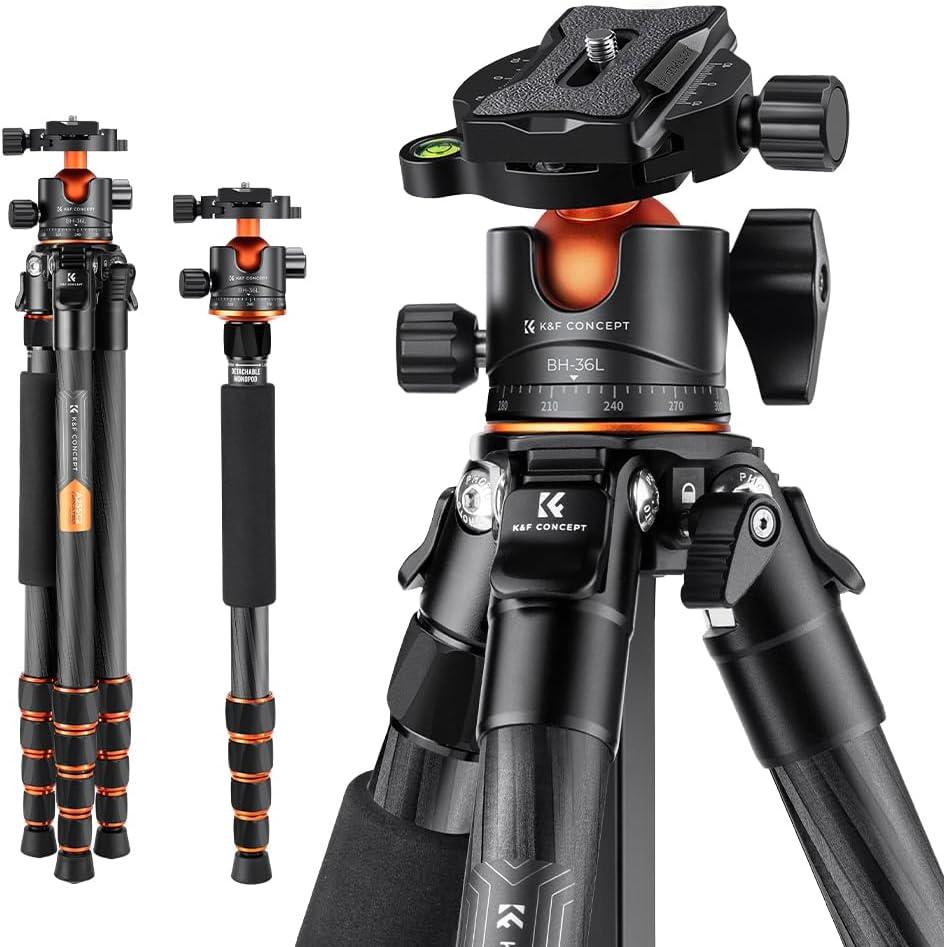 K&F CONCEPT 62" Carbon Fiber Camera Tripod,Portable Compact Tripods with Detachable Monopod,360 Metal Ball Head 33lbs Load Capacity with Quick Release Plate for Travel and Work A255C2+BH-35L