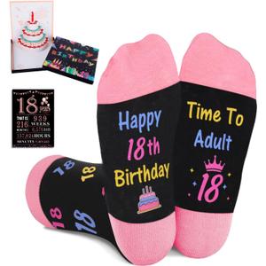 8 Years Old Birthday Gifts for Girls - Socks for Girls with Pop up Birthday Card, Presents for 18 Year Old Girls (One Size, Happy 18th Birthday Black Pink)