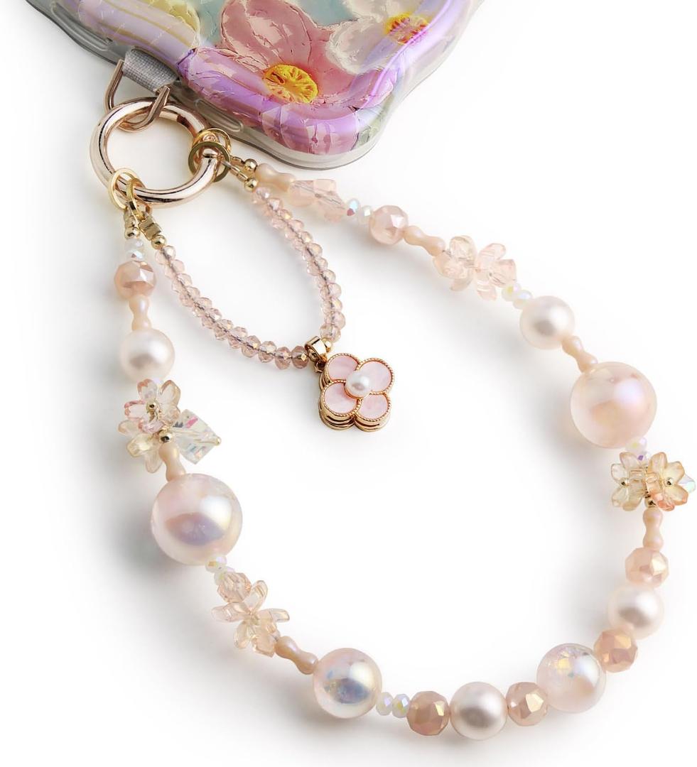 Phone Charm for Women, Anti-Theft Phone Wrist Strap Hands-Free & Beaded Chain, Detachable Cell Phone Lanyard with Tether Tab (Pink Blossom)