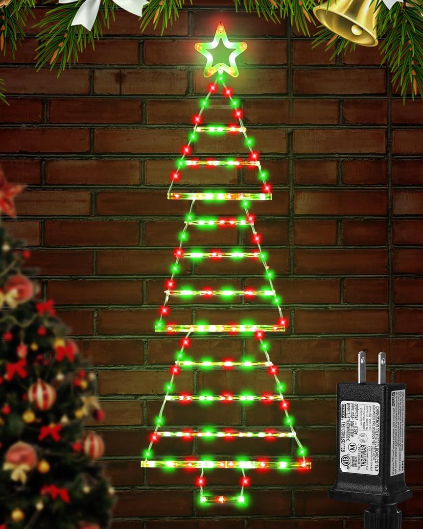 Christmas Decorations, 4.4 FT LED Christmas Tree Shaped Ladder Lights with Star Topper, Plug-in Waterproof 8 Modes Window Hanging Onaments for Indoor Outdoor Wall Door Xmas Decorations (Red Green)