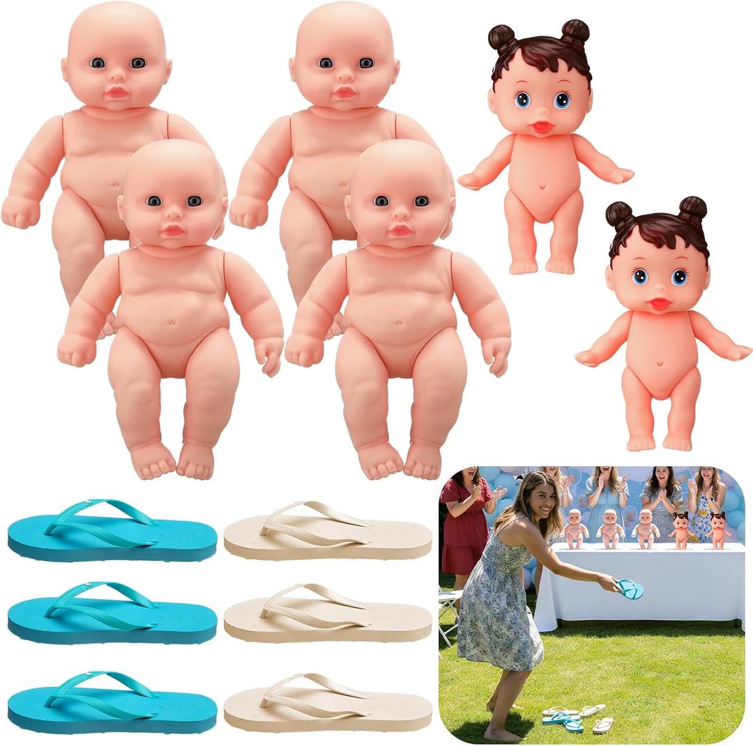 12 Pcs Funny Baby Shower Chancla Game Activities Baby Shower Games How to Throw the Chancla at Their Bad Ass Doll Babies Showers Game Gender Reveal, 6 Slippers 6 Fake Babies  12, Mixed Style