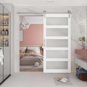 BARNSMITH 48in x 96in Glass Barn Door and 8FT Nickle Sliding Door Hardware Included, 5-Panel Sliding Barn Door, Solid Wood Covered with Water-Proof PVC Surface, Easy Assembly, White