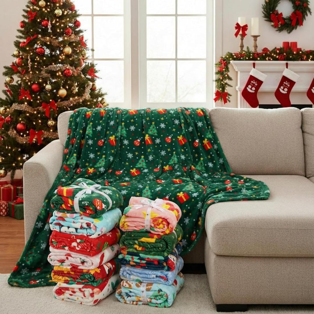 12 Pcs Christmas Throw Blankets with Ribbon Xmas Fleece Blankets Gingerbread Snowman Lightweight Soft Warm Plush Couch Throw for Living Room Home Decor(60 x 80 Inch)