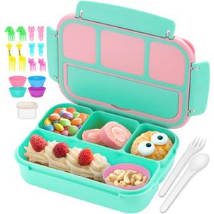 QQKO Bento Box for Kids Adults, School Toddler Lunch Box for Boys Girls, Lunch Box Containers with 4 Compartments, Sauce Container, Utensils, Food Picks and Muffin Cups for School, Pink Green