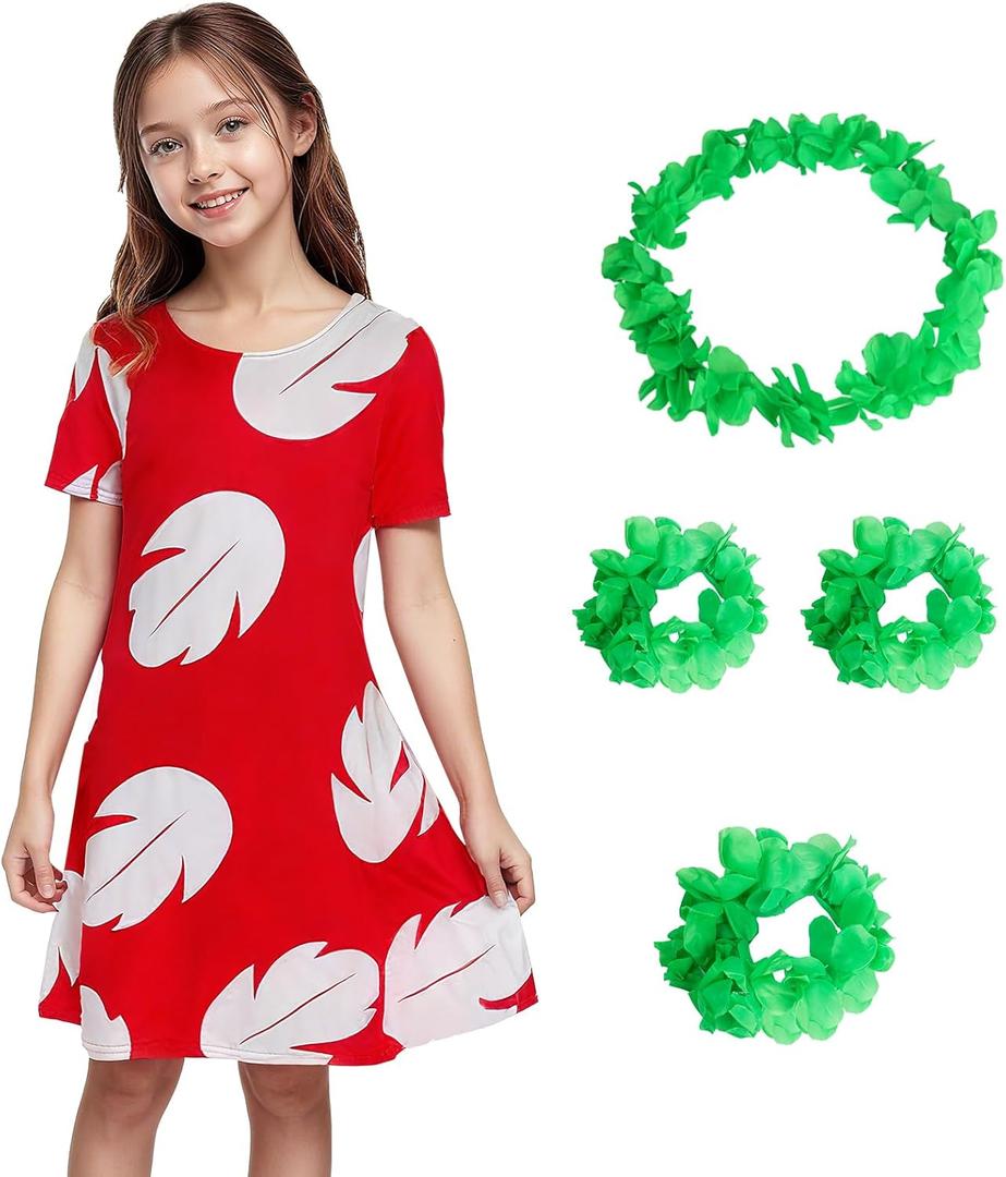 Hawaiian Red Dress for Cosplay Halloween Costume with Leaf Print Summer Beach Party Outfit (Red)