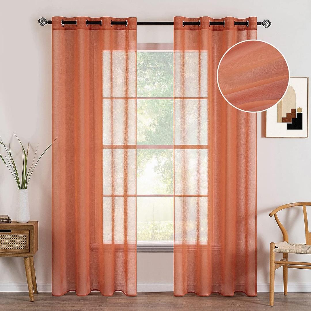 MIULEE 2 Panels Burnt Orange Semi Sheer Window Curtains Elegant Grommet Top Window Voile Drapes/Treatment Linen Textured Panels for Bedroom Living Room Fall Decor (54X84 Inches)
