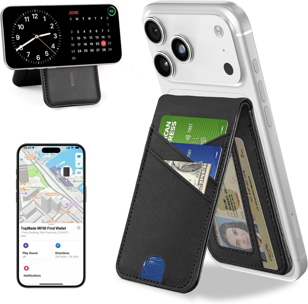 TopMade for Magsafe Wallet, Works with Apple Find My, 6 Card Holder with Adjustable Stand, Finder Tracker, Magnetic Wallet for iPhone 17/16/15/14/13/12 Series, Not for iPhone SE/Mini, Slim, Black