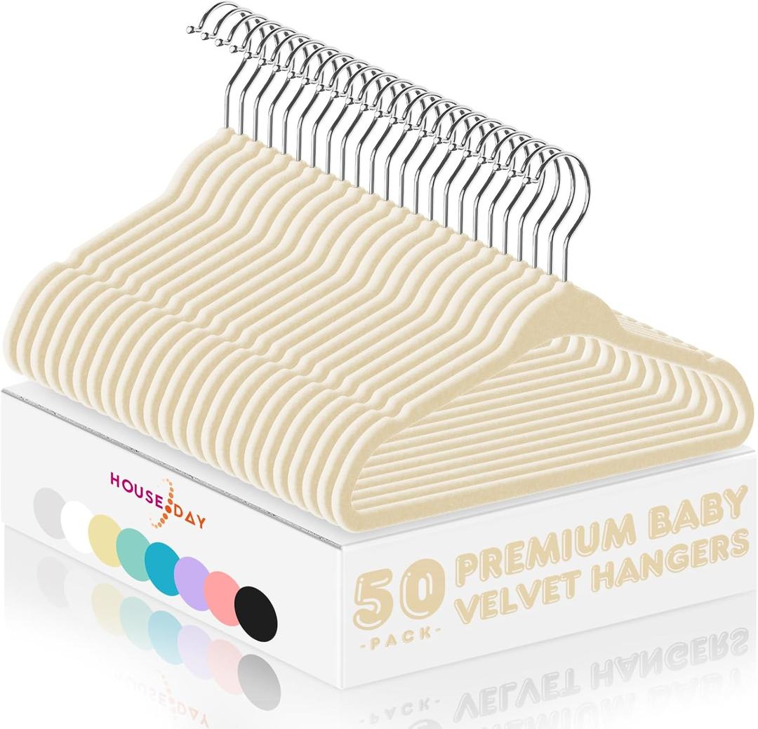 HOUSE DAY 11 Inch Velvet Baby Hangers 50 Pack Beige, Premium Kids Hangers for Children, Infant & Toddler Clothes, Durable Non Slip Small Baby Felt Hanger for Closet, Ideal for Everyday Use