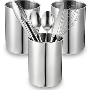 3 Pcs Cooking Utensil Holder for Kitchen Counter, 5.6 x 7.5 inch Metal Utensil Crock Stainless Steel Utensils Holder Container Canister Spatula Spoon Caddy Organizer (Silver)