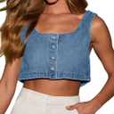 Limerose Women's Reversible Tank Tops Button Denim Crop Blouses Sleeveless Cami Shirts (Medium, Light Blue)