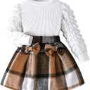 Noubeau Toddler Girls Plaid Outfits Girls Puff Sleeve Knit Ribbed Shirt Tops Plaid Skirt Set Kids Fall Winter Clothes (Black-brown)