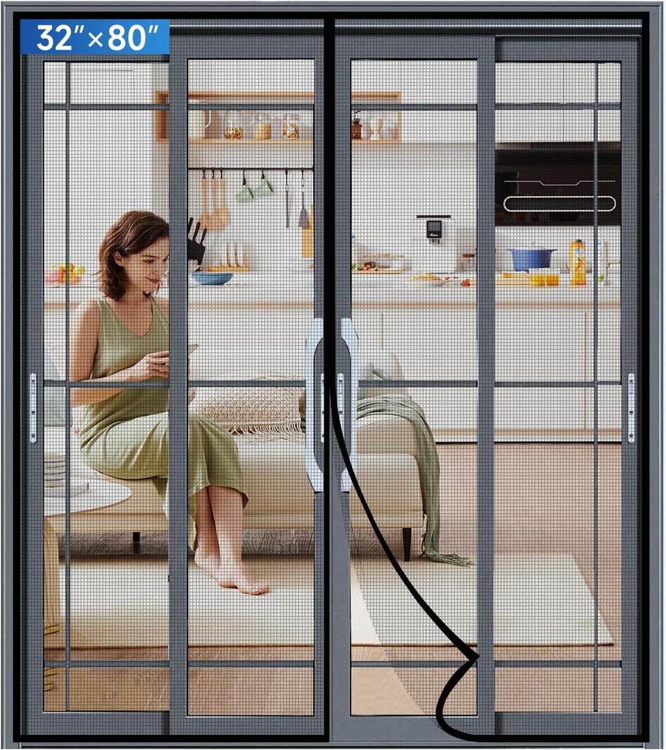 Upgraded PET Mesh Magnetic Screen Door Stronger Than Fiberglass and Polyester,Hands Free,Keep Bugs Out,Pet & Kid Friendly,Fit Door Size 32" X 80", Screen Size 34" X 82" (Black)