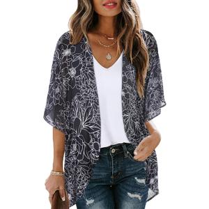 Women's Floral Print Puff Sleeve Kimono Cardigan Loose Cover Up Casual Blouse Tops (X-Large, Black Brief Flowers)