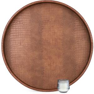 HofferRuffer Large Round Serving Tray 24'', Elegant Faux Leather Circle Ottoman Table Tray, Serve Tea Coffee Breakfast in Bedroom Living Room Kitchen (Antique Brown, 24'')