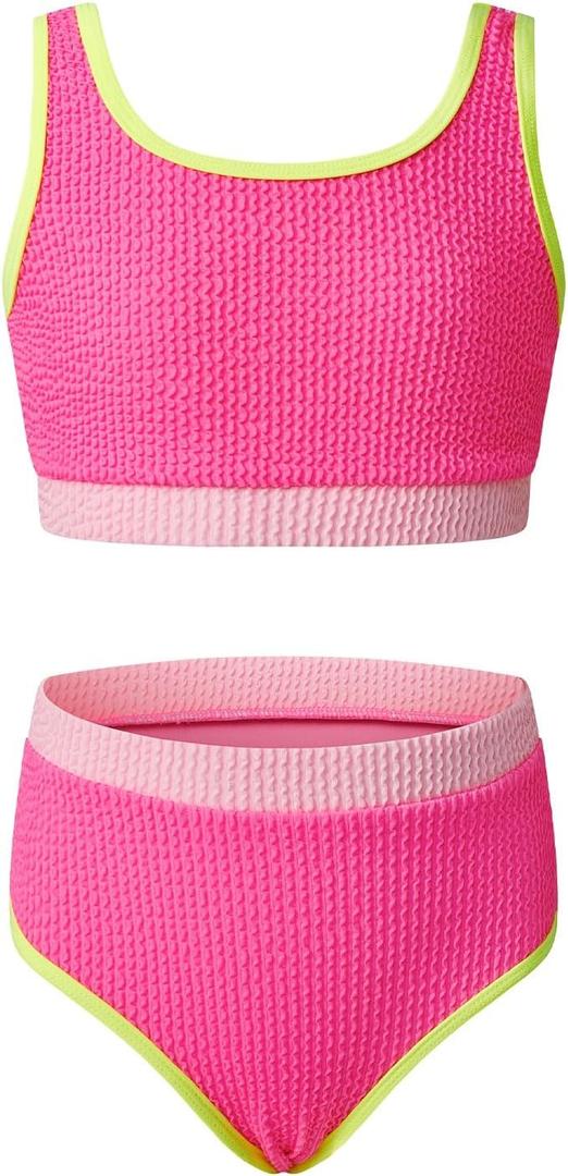 blibean Tween Girls Swimsuits Two Piece Colorblock Bikini Sets with Chest Pad  (Pink, XXL)