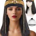 (Wig Cap + Black Cleopatra Wig with Golden Fringe for Women Short Straight Synthetic Cosplay Wigs with Bangs for Adults Egyptian Straight Bob Wigs for Halloween Costume Party Outfit