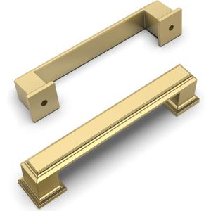 Amerdeco 10 Pack Brushed Gold Cabinet Pulls 3-3/4 Inch Hole Center Cabinet Hardware Solid Kitchen Cabinet Handles for Bathroom Drawer Pulls Dresser Pulls ZH0001