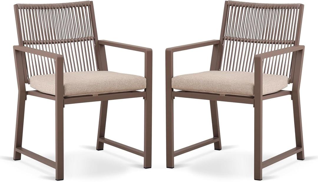 Aluminum Outdoor Patio Dining Chairs - Wicker Ratten Chair, Ergonomic Backrest Design, Detachable Seat Cushion, Soft and Breathable, Garden, Porch, Light Brown, Set of 2