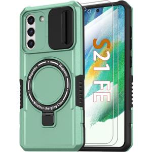 for Samsung Galaxy S21 FE Case with Magnetic Ring Stand+Glass Screen Protector [Compatible with MagSafe] Military Grade Cases with Camera Cover, Shockproof Cover for Samsung S21 FE 6.4", Green